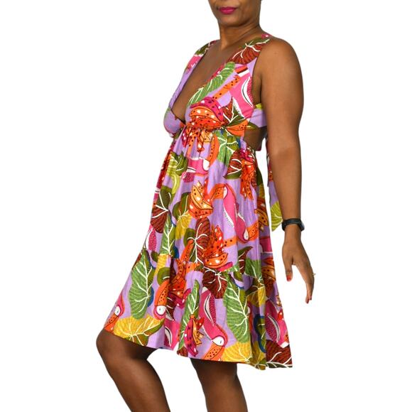 House of Harlow Tropical Print Linen Dress Purple Toucan Open Back Halter XS - Picture 6 of 15